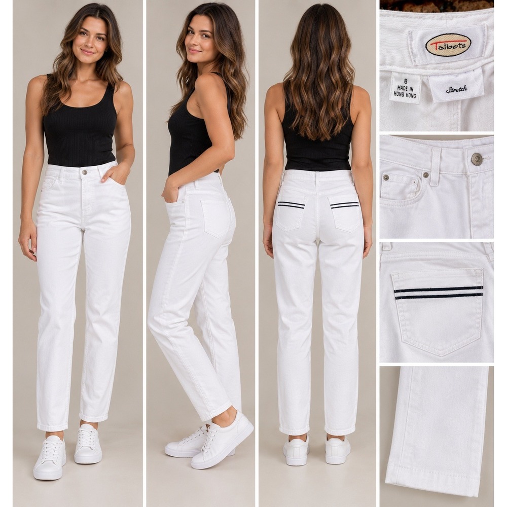 Talbots Denim Pants Womens 8 White Coastal Old Money Straight Leg Stretch Jeans